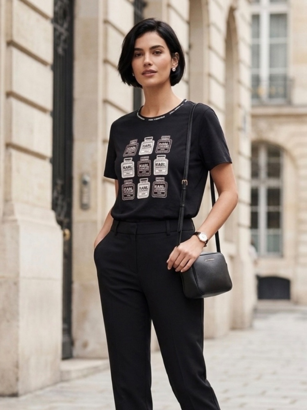 Karl Lagerfeld Parisian Chic XL Black Signature Embellished Perfume Graphic Tee